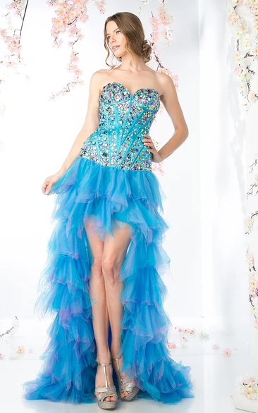 High-Low Tulle Corset Back Formal Dress with Beading and Tiers