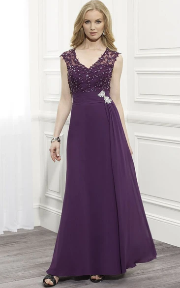 Chiffon V-Neck Cap Sleeve Dress with Beading and Illusion Back for Formal Functions