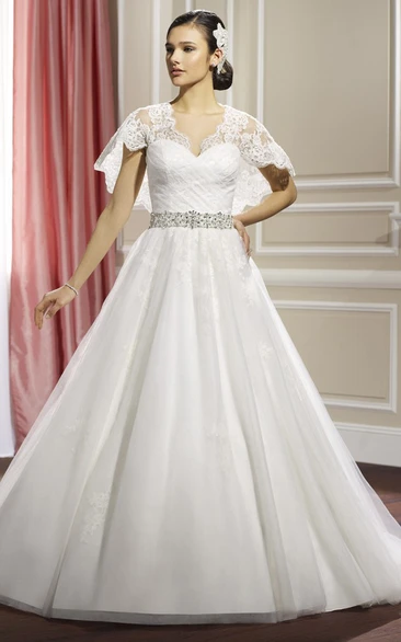 V-Neck Lace Appliqued A-Line Wedding Dress with Bat Sleeves and Waist Jewelry