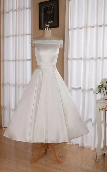 Off-The-Shoulder Satin Tea-Length Wedding Dress with Sash Simple & Timeless