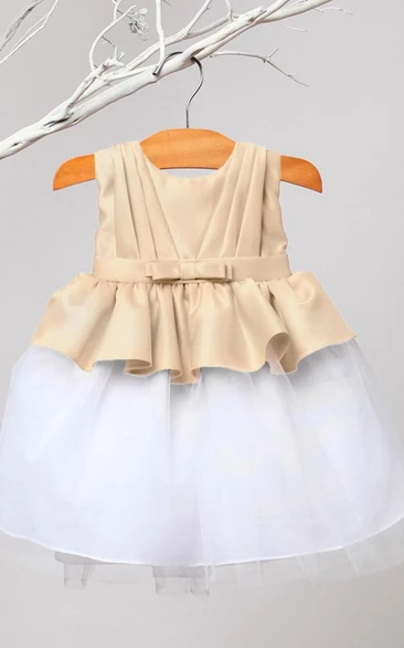 Knee-Length Tiered Pleated Tulle&Satin Flower Girl Dress With Ribbon Bridesmaid Dress with Tiered Tulle and Satin