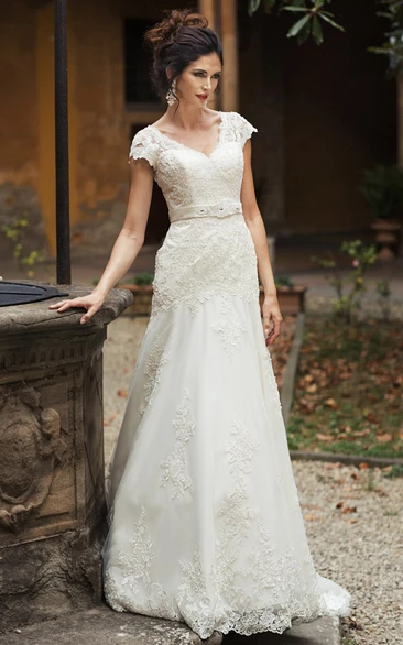 Maxi Cap-Sleeve Lace Wedding Dress with Sash V-Neck Appliqued