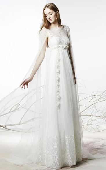A-Line Floral Tulle Wedding Dress with Beading Long Sleeveless Bateau