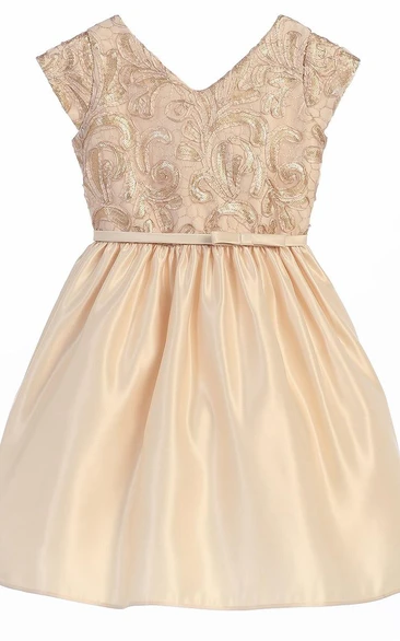 Tiered Sequin&Satin Flower Girl Dress with Embroidery and Bow