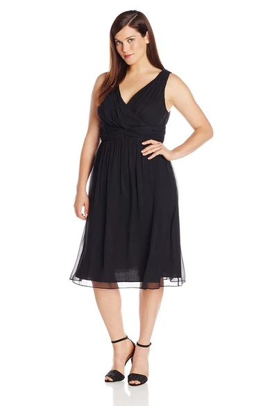 Knee-length Chiffon Dress with Basque Waist V-neckline