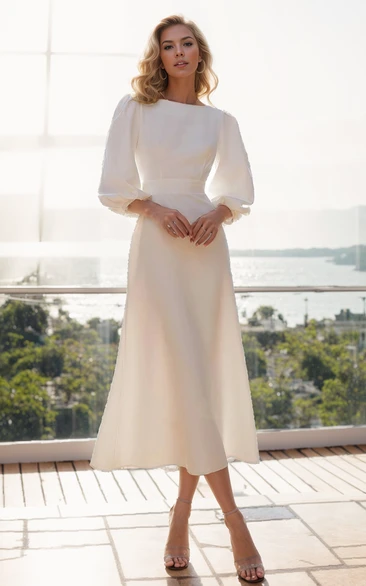 A-Line Jersey Vintage Modest Solid Wedding Dress Backless Bateau Neck Tea-length Long Sleeve Bridal Gown with Button Back Sash