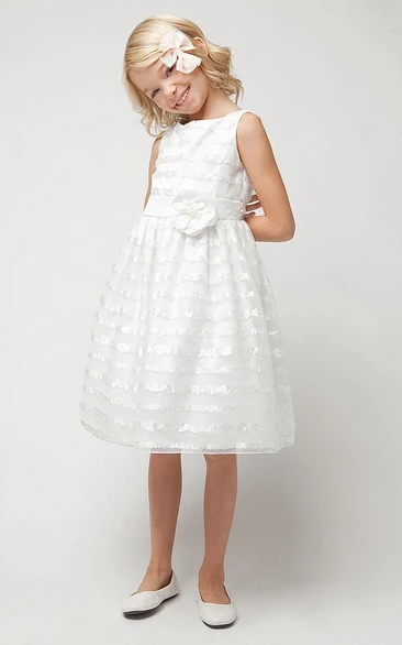 Tulle and Sequin Floral Tea-Length Flower Girl Dress with Sash Chic and Stylish