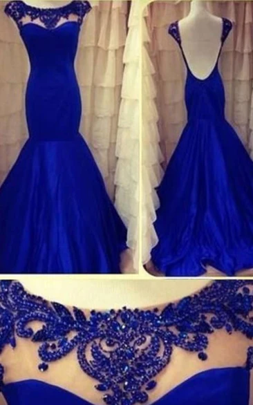 Beaded Scoop Sleeveless Mermaid Taffeta Prom Dress