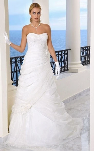 Appliqued Organza Wedding Dress with Pick Up and Brush Train Strapless Wedding Dress