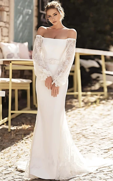 Trumpet Lace Wedding Dress with Sash and Long Sleeves Elegant & Flowy