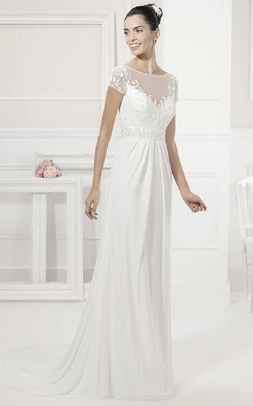 Short-Sleeve Wedding Dress with Jewel Neckline and Crystal Sash