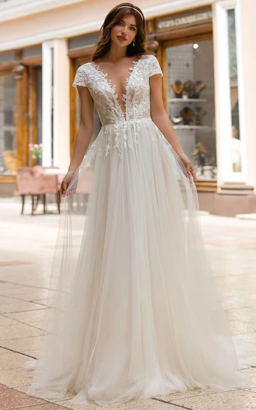 Plunging Neck Tulle Wedding Dress with Appliques Elegant A Line Sweep Train