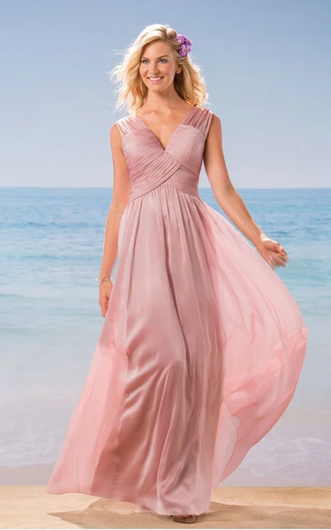 Sleeveless V-Neck A-Line Long Bridesmaid Dress with Pleats and V-Back Pleated V-Neck Sleeveless A-Line Bridesmaid Dress Long