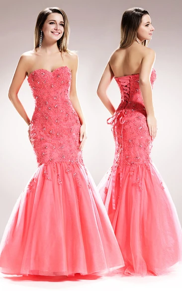 Sweetheart Satin Lace Mermaid Prom Dress with Appliques and Beading