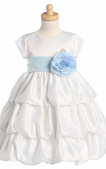 Tiered Satin Cap-Sleeve Tea-Length Flower Girl Dress Classy Bridesmaid Dress