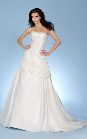 Ruched Taffeta Wedding Dress with Beading and Lace-Up A-Line Strapless