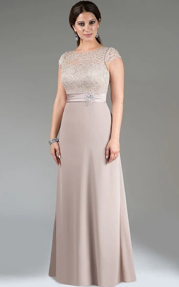 Lace Top Mother of the Bride Dress with Crystal Waist Scoop Neck Cap Sleeve A-Line Long