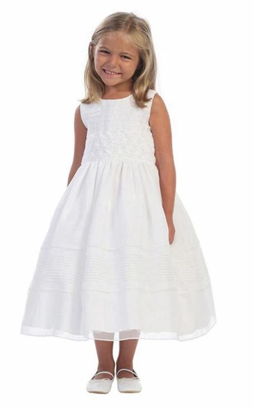 Tiered Embroidered Organza Flower Girl Dress Tea-Length Bridesmaid Dress