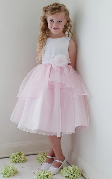 Appliqued Lace Organza Tea-Length Flower Girl Dress Wedding Dress