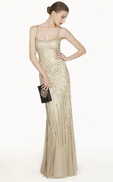 Spaghetti Strap Sequined Sheath Prom Dress with Tulle Skirt