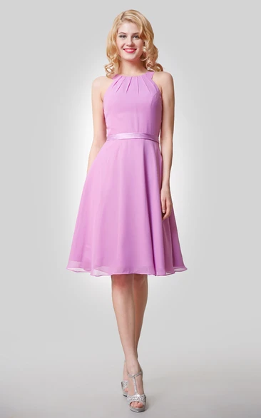 Knee Length A-Line Chiffon Dress with Straps and Satin Bow Sash for Women