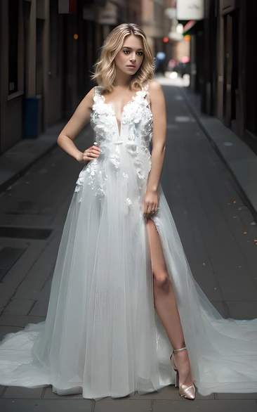 Sexy Deep V-Neck Front Split A-line Open Back Tulle Wedding Dress with Train