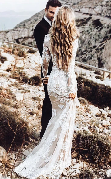 Black lace deep v-neck wedding dress with long sleeve scalloped bodice