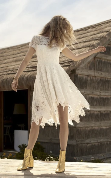 Country Knee-length Short Sleeve Lace Details Wedding Dress