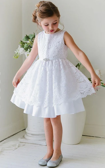 Beaded Lace Satin Flower Girl Tea-Length Dress with Floral Design and Sash