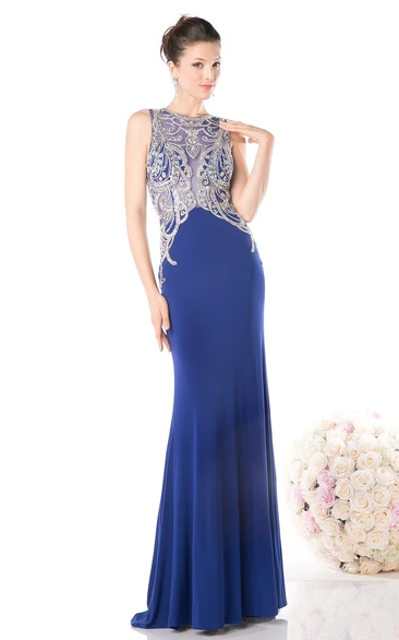 Maxi Sleeveless Jewel-Neck Sheath Jersey Prom Dress with Keyhole Back and Pleats