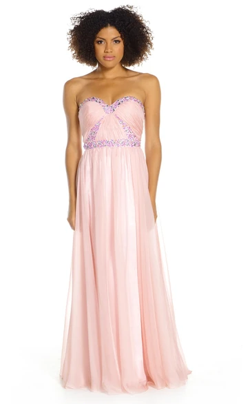 Long Sleeveless A-Line Prom Dress Sweetheart Ruched Beaded