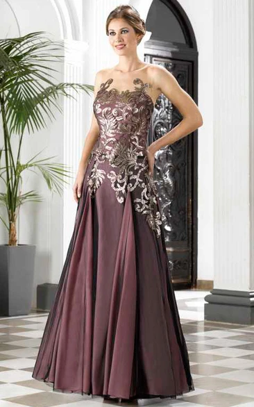 A-Line Sleeveless Appliqued Prom Dress with Deep-V Back Maxi Formal Dress