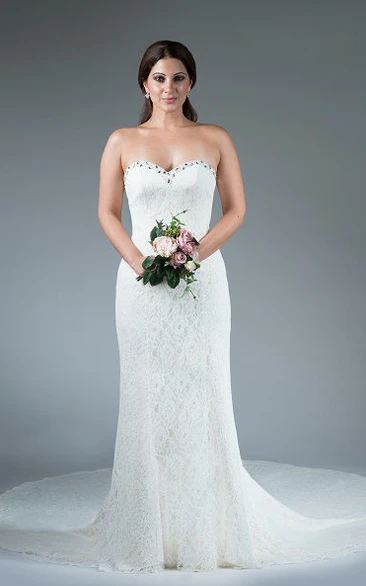 Crystal Sheath Wedding Dress with Sweetheart Neckline Lace and Train