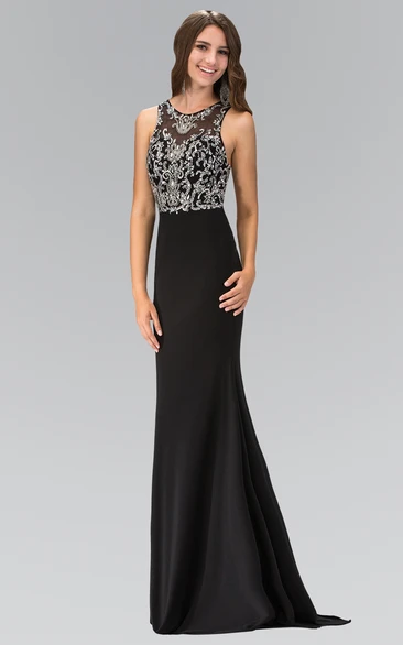 Strappy Sheath Jersey Dress with Scoop Neck and Beading