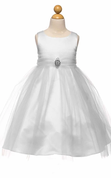 Beaded Tulle Satin Flower Girl Dress Tea-Length with Brooch