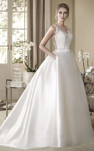 V-Neck Satin Sleeveless Ball Gown Wedding Dress