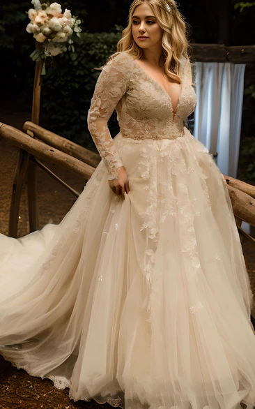 Elegant Tulle V-Neck Long Sleeve Wedding Dress with Appliques & Floor-Length