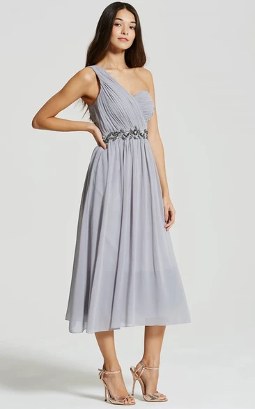 Ruched One-Shoulder Chiffon Bridesmaid Dress Tea-Length