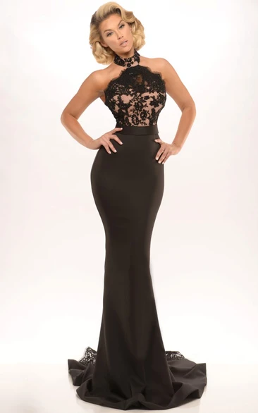 Lace High Neck Sleeveless Sheath Prom Dress with Backless Style and Sweep Train Elegant Formal Dress