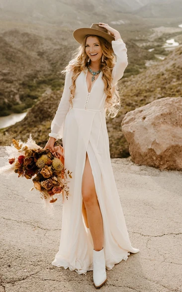 Bohemian A-Line Wedding Dress V-neck Chiffon With Long Sleeve And Button Back