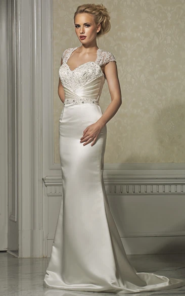 Satin Sheath Wedding Dress with Lace and Jeweled Cap Sleeves Classy Bridal Gown