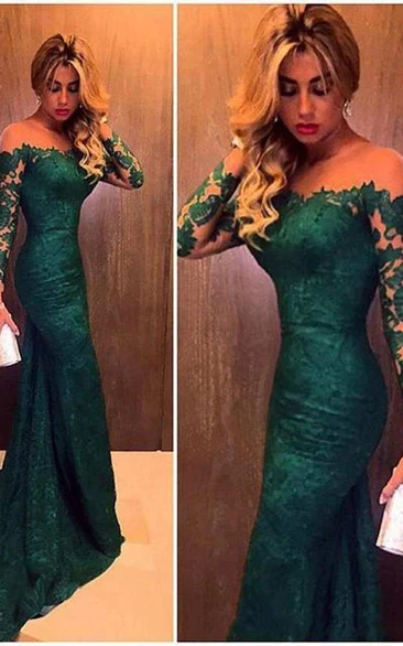 Long Sleeve Off-the-Shoulder Mermaid Formal Dress with Lace Embellishments