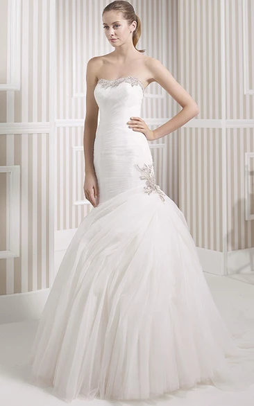 Beaded Strapless Mermaid Tulle Wedding Dress with Ruching