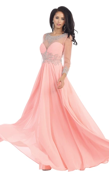 Chiffon A-Line Formal Dress with Long Sleeves and Beaded Criss Cross Illusion Neckline