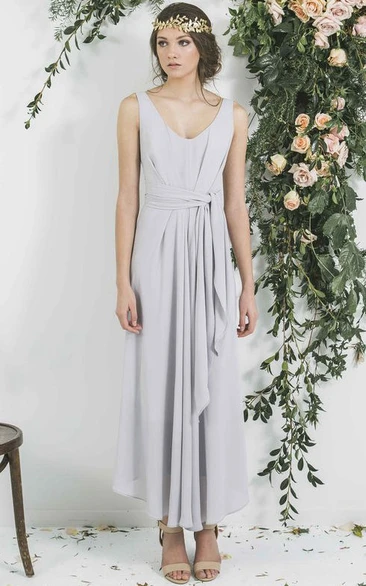 Sleeveless Ankle-Length Chiffon Bridesmaid Dress Draped V-Neck