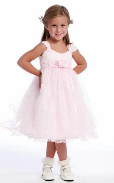 Floral Tulle and Satin Tea-Length Flower Girl Dress Simple Dress for Girls