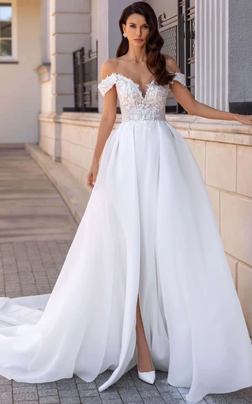 Organza Off-Shoulder A-Line Wedding Dress with Court Train & Split Front