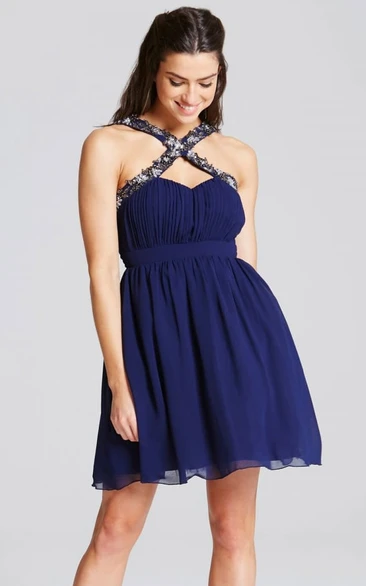 Beaded Chiffon Bridesmaid Dress Sleeveless Strapped Mini Style with Ruching