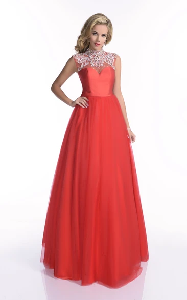 Floor Length Tulle Prom Dress with Jeweled Appliques and Cap Sleeves