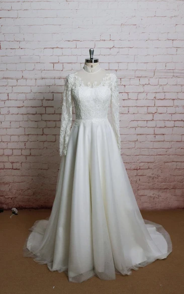 Long Sleeves A-Line Tulle Wedding Dress High Collar